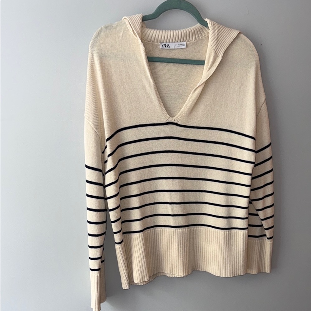ZARA Cream V-Neck Sweater with Navy Stripes